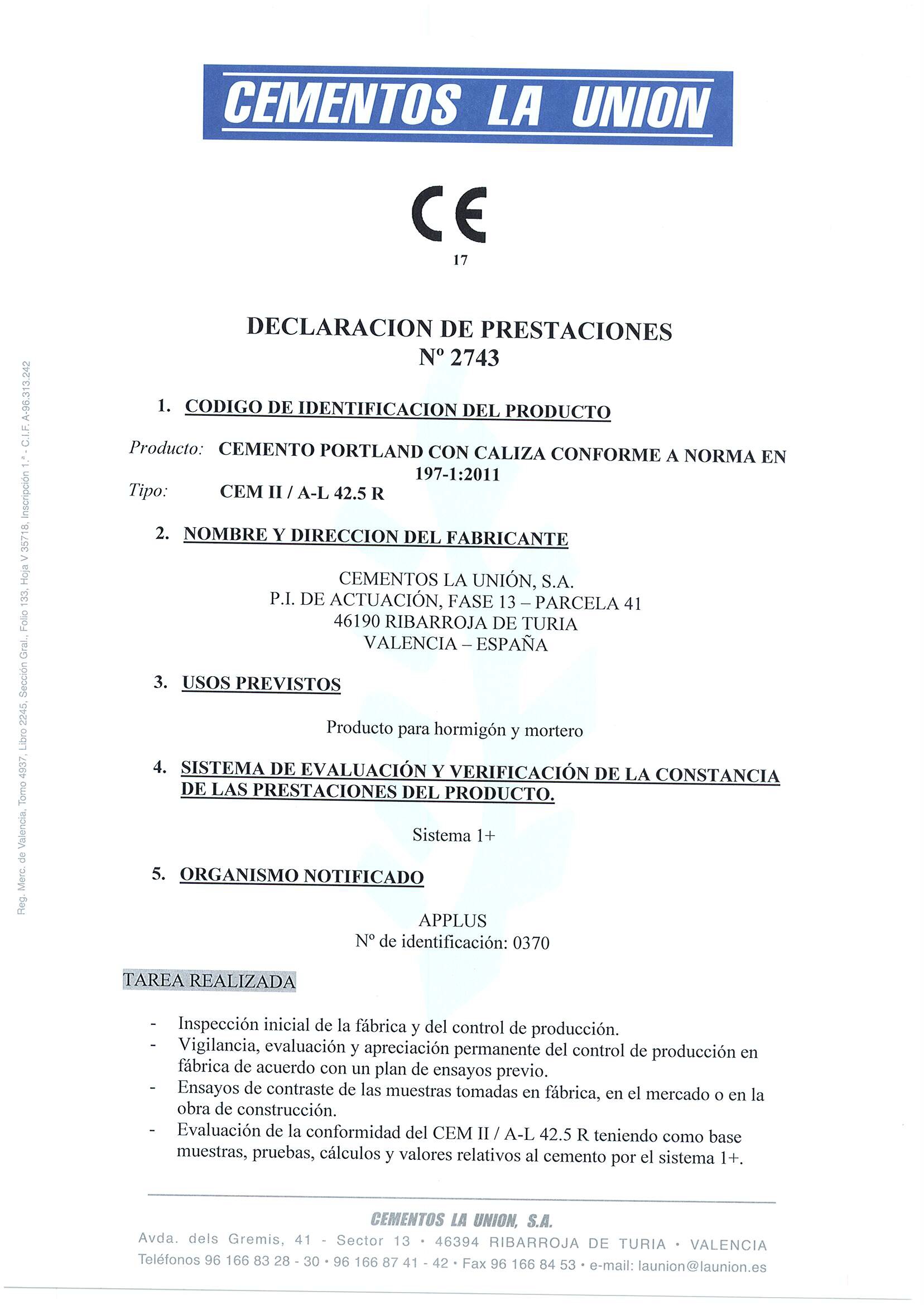 Certificaciones CEMENTOS LA UNION